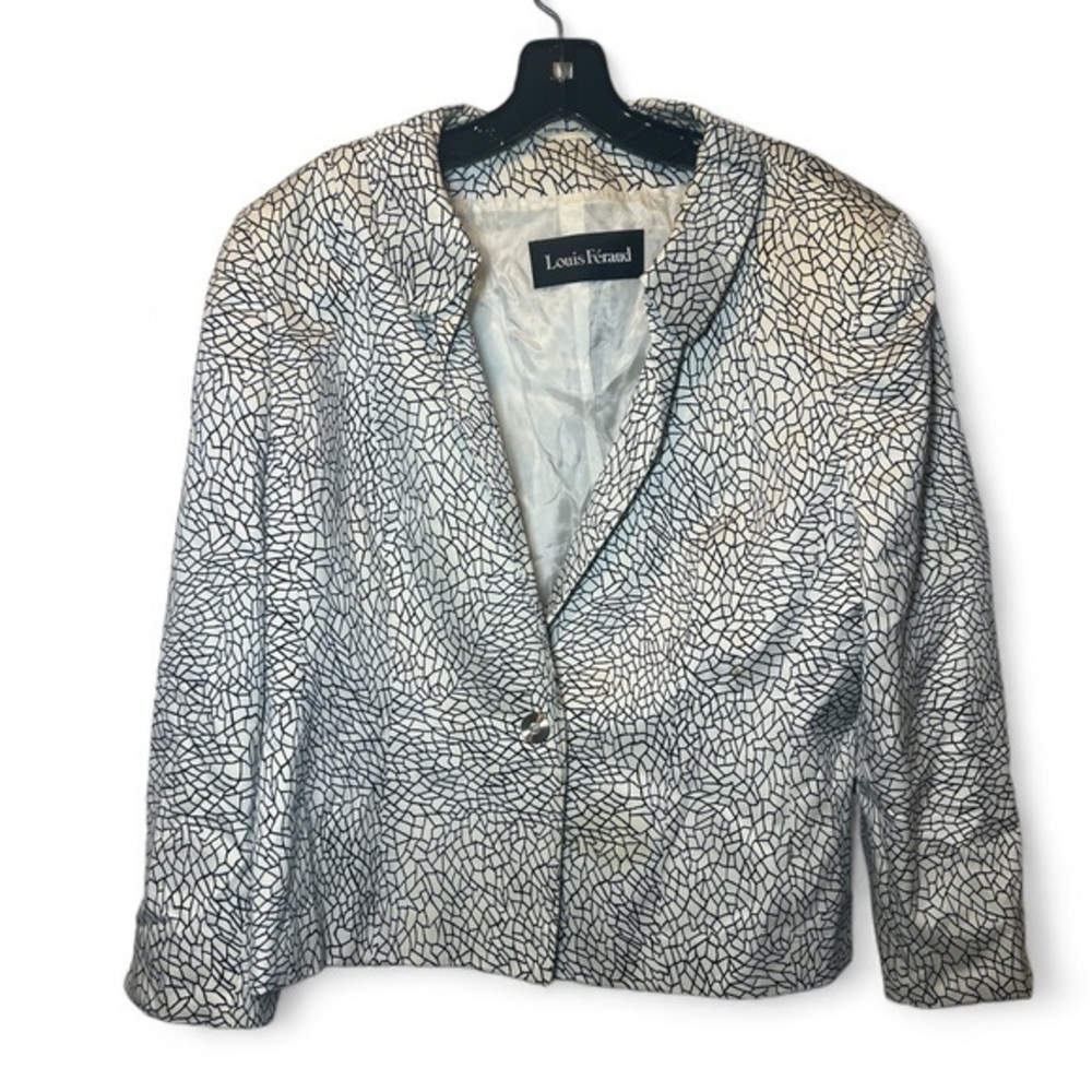 VINTAGE Louis Feraud Women 16 Black White Geometric‎ Single Button Blazer READ